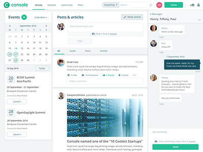 Console social platform articles chat dashboard events feed posts social network ui ux web