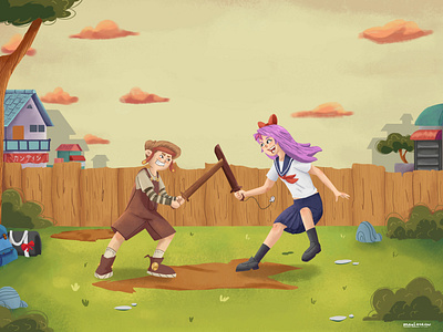 playing wooden sword with my sister cartoon childrenbookillustration design designcharacter digitalart illustration kids picturebookillustration storybookillustration