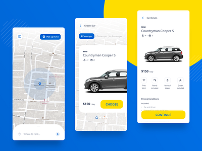 Car Rentals adventure android blue branding car rental card clean ios mobile product simple travel ui ux