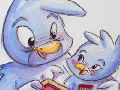Grandfather's Day bird cartoon character design pencil sketch watercolor
