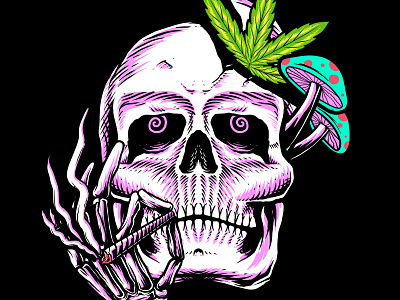 SKULL HIGH 420 animation artwork cannabis design forsale getting high graphic design high illustration ilustrat logo magic mushroom mushroom oldschool psychedelic skull trippy vintage