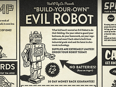 Evil Robot 50s ad bleed classified ad distress halftone ink newspaper photoshop actions retro texture vintage