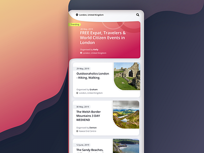 Event Listing app design colorful listing minimalist mobile design travel event ui design ux design