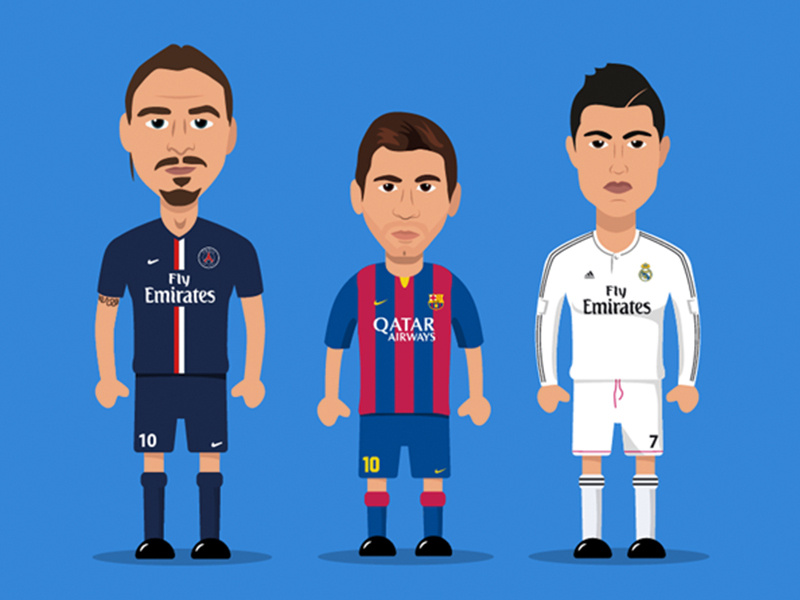 "The Trio" barca ibrahimovic illustrator messi psg real madrid ronaldo soccer vector zlatan