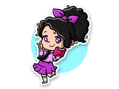 Chibi Girl Reading Book Vector Illustration black book chibi children curly cute education girl illustration kawaii mascot pink purple read shirt skirt tie uniform vector