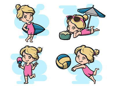 Cute Girl at The Beach in Summer Time ball beach blond cartoon chibi coconut cute girl hair hot ice cream illustration litle mascot summer sun bathing sun glasses volley