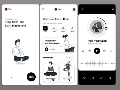 Meditation App Black and White Concept branding design feather icon figma illustration logo typography ui ux vector