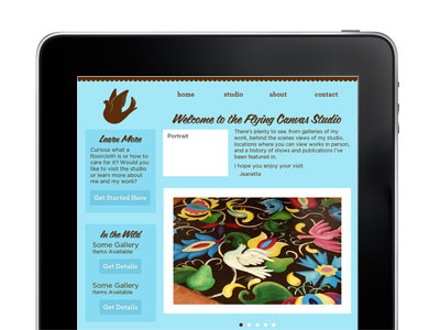 Artist Portfolio - Med Screen artist blue brown design logo medium mockup navigation portfolio responsive screen web website whimsical whimsy