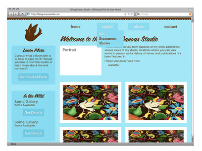 Artist Portfolio - Lrg Screen artist blue brown design large logo mockup navigation portfolio responsive screen web website whimsical whimsy