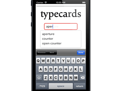 Search app auto suggest avenir next cala flash cards ios project search type typecards typography