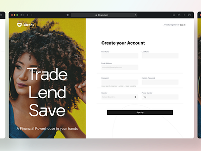 A signup page for a crypto platform called bitrack bitcoin crypto design landing page ui