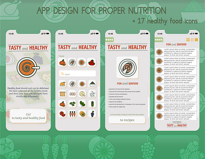 Food. Proper nutrition. Icons and mobile app graphic