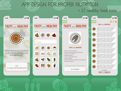 Food. Proper nutrition. Icons and mobile app