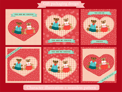 Character design and seamless pattern for gift wrapping heart