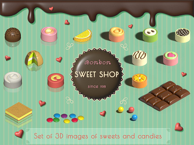 Set of 3D images of sweets and candies
