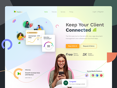 Nection || SAAS Landing Page Hero Section branding client connection design header illustration meeting saas vector webpage