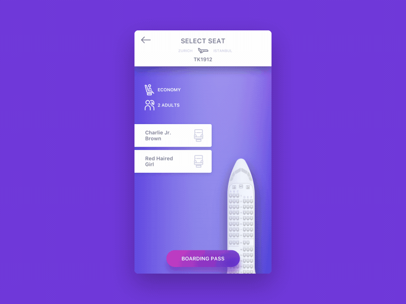 Turkish Airlines Booking App Redesign - Seat Selection ai airline airplane app booking flight mobile turkish airline ux animation
