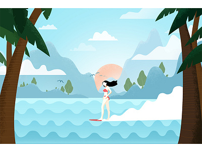 Surf's summer beach bikini illustration motion ocean red surf surfing tree vector water waves