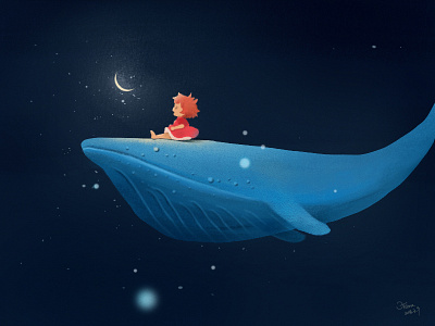 Ponyo on the Cliff by the Sea black girl hand painted illustrations miyazaki hayao moon red star whale
