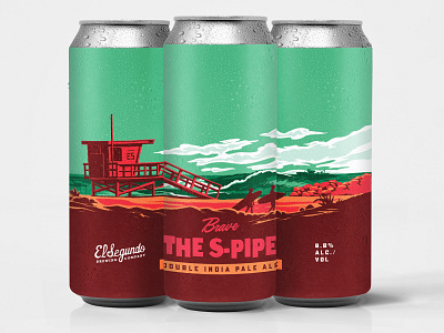 Brave THE S-PIPE Cans beach beer branding beer can beer label brand identity california craftbeer elsegundo guard tower illustration mid century retro surf tropical waves