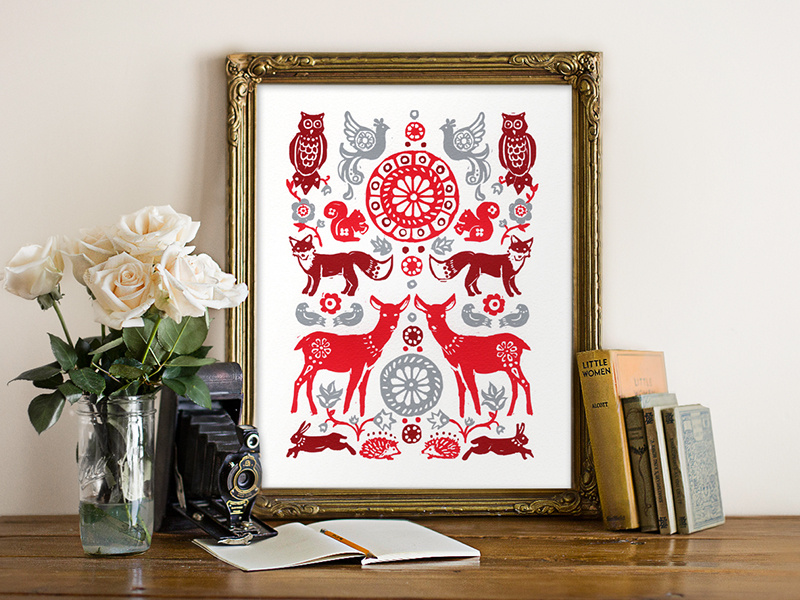 Fox & Doe folk hare squirrel owl fox doe grey red woodland folk art
