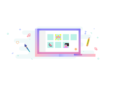 On-boarding illustration gradient laptop paintbrush pencil video builder