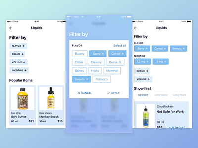 Mobile e-commerce filters app e commerce filters list mobile sorting vape