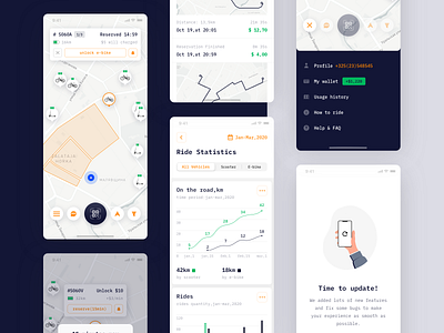 Electric Bikes and Scooters Rental App app design bike digital electric engineering interface map profile rental scooter scooters sharing economy