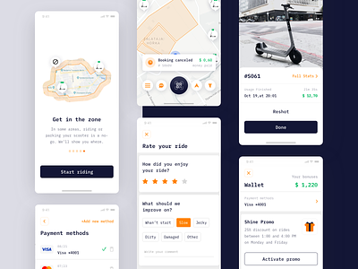 Electric Bikes and Scooters Rental App app design bike map payment payment method profile promo rental scooter sharing economy survey wallet