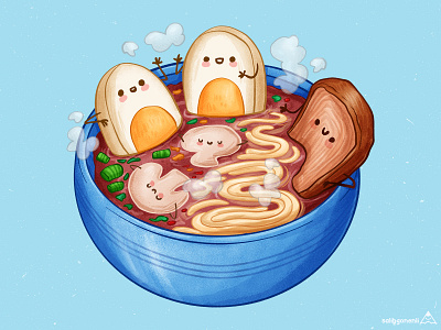 Ramen Sauna cartoon children cute cute animal cute art egg hand drawn illustration noodle noodles ramen sauna soup