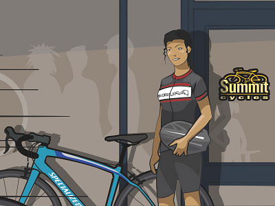 Summit Cycles print ads - detail bike cartoon cycle shop detail illustration print rider
