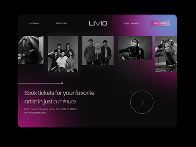 Livio — Ticket Reservation for Live Shows artist bands concert concerts dark dark mode gradient live shows reservation reservation app ticket ui web web design website