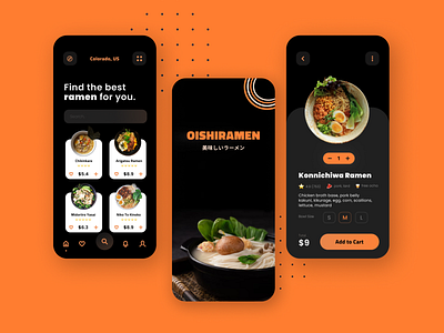 Oishiramen - Food Ordering Mobile App app dark mode design minimalist mobile simple ui