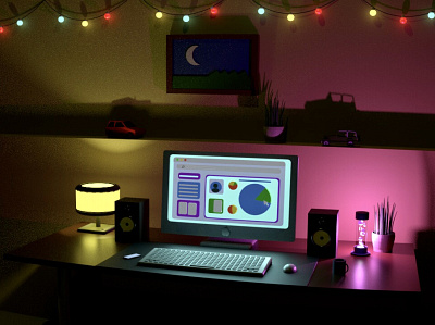 Workplace at night 3d animation apple art design desk graphic design illustration logo mac motion graphics neon night style table vector work workplace