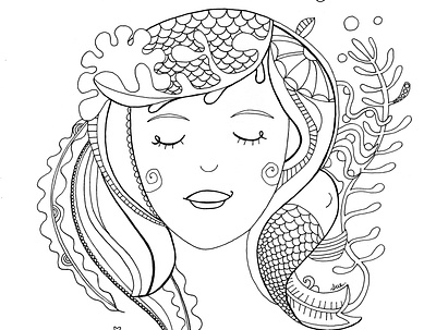 Thinking of the sea black and white colouring page drawing. graphic design hand drawn illustration ink outline