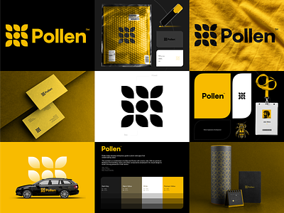 Pollen Logo & Brand Identity Design bee brand brandbook branding clever design flower guidelines honey identity lines logo mark nature nft pollen simple social media stationery symbol