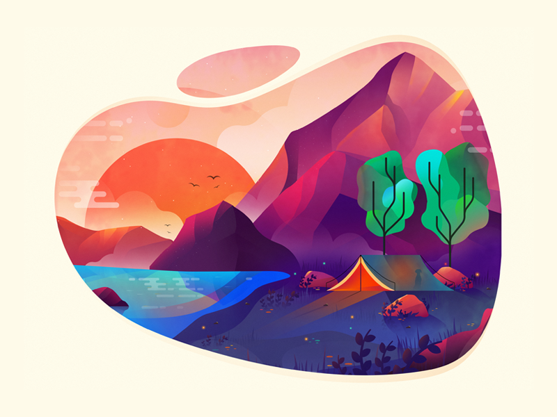 Nature! illustration clouds tree camping sun sky mountain lake trip camp outside nature