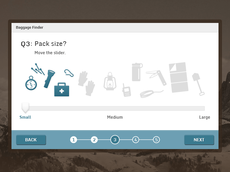Outdoor Baggage Finder animated gif button camping hiking iconography icons progress progress indicator slider ui ux