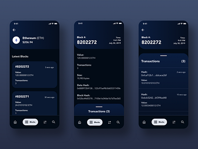 Blockchain Explorer (Dark Mode) blockchain challenge crypto cryptocurrency design ethereum ios iphonex mobile ui mockup product design ui ux