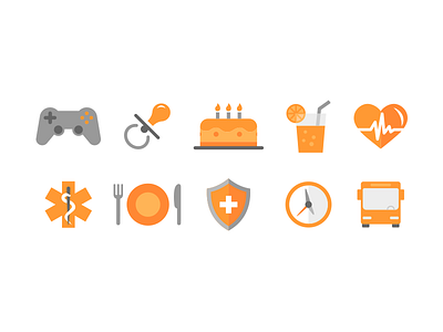 Benefit Icons benefit cake food game glass health icons insurance juice pacifier time transportation