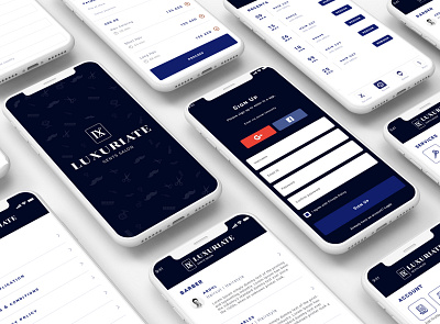 LUXURIATE saloon app screens andriod app blue branding design illustration ios minimal mobile app mobile application modern saloon