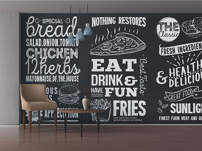 Restaurant Wall Design branding cafe design food illustraion mural restaurant typogaphy wall wall art wallpaper