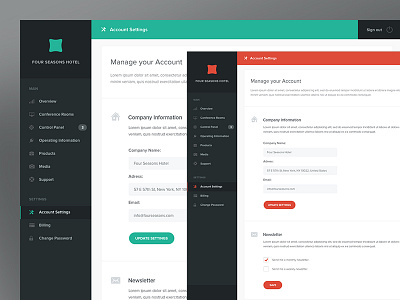 Control Panel Dashboard account settings admin cms conference room dashboard green hotels red ui ux