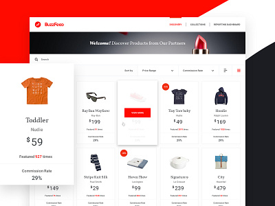 Buzzfeed Affiliate Commerce Solution app buzzfeed card layout commerce consumer filter infographics list products ui ux