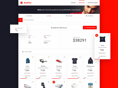 Buzzfeed Affiliate Commerce Solution buzzfeed dashboard design infographics listings navigation price product stats ui ux webdesign