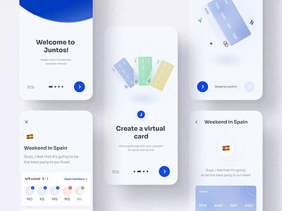 Sharing expenses app animation app blue card clean finances friends graphic design icon ios mobile design money onboarding sharing expenses splitbill typography ui ux voting white