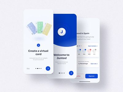 Sharing expenses app animation app blue card clean design finances friends icon ios mobile design money onboarding sharing expenses splitbill typography ui ux voting white