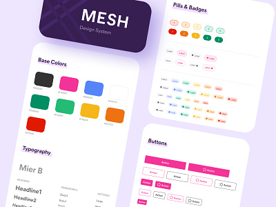 🥁 Introducing MESH Design System app assets badges branding buttons colour palette components design design system font language mesh mier pills pink product typography ui ux visual design