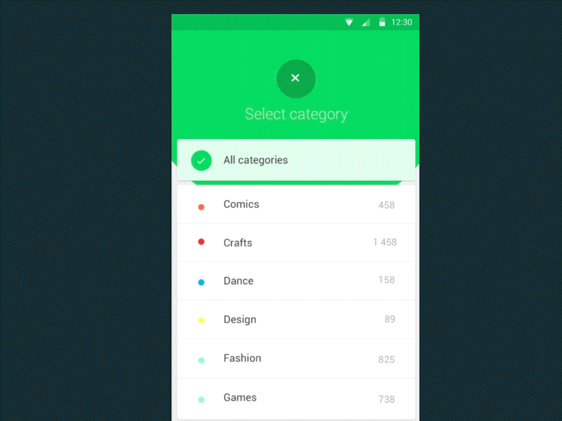 KickMaterial - Category animation category gif material design. transition mobile app ui ux