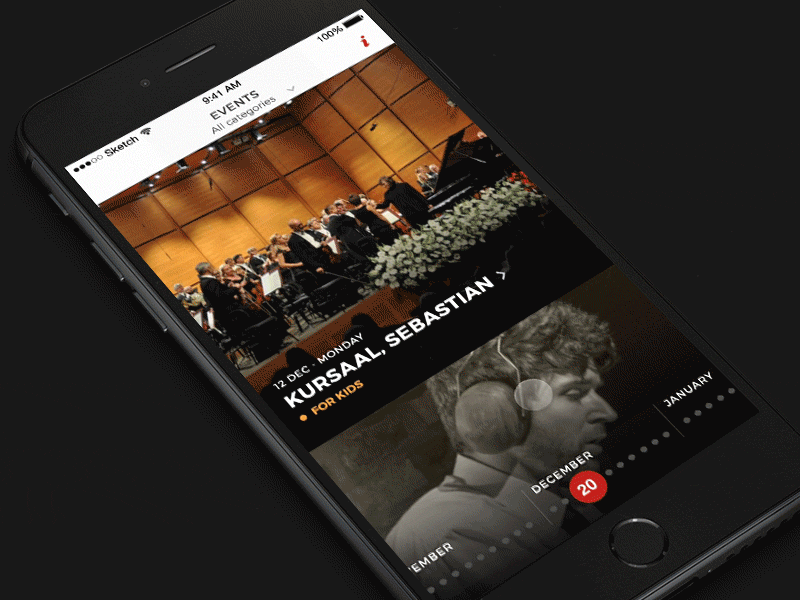Philharmonic orchestra timeline animation calendar events gif interaction long press navigation philharmonic timeline